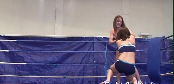  Wrestling lesbians dildofucking in a ring